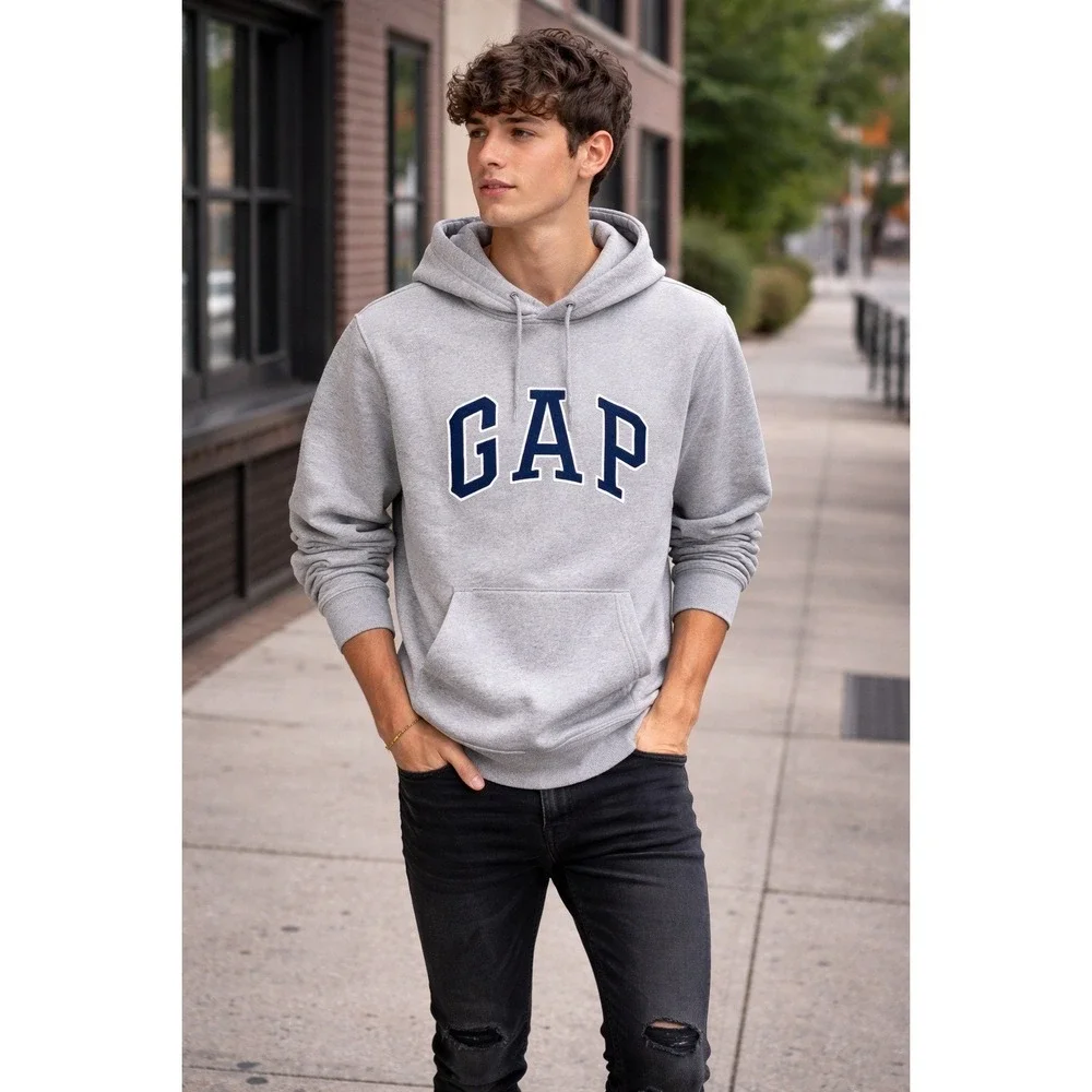 Gap‎ Kids XXL Gray Heather Logo Pullover Hoodie Sweatshirt Navy Blue Applique